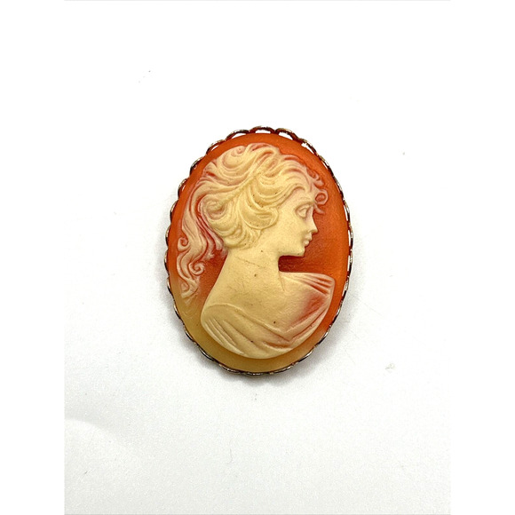 VINTAGE Gold Tone Lady CAMEO Pin Brooch Orange And Cream - Picture 2 of 8